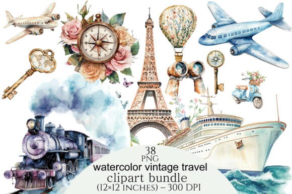 Download Watercolor Vintage Travel Clipart Bundle - Clipart bundle Collection