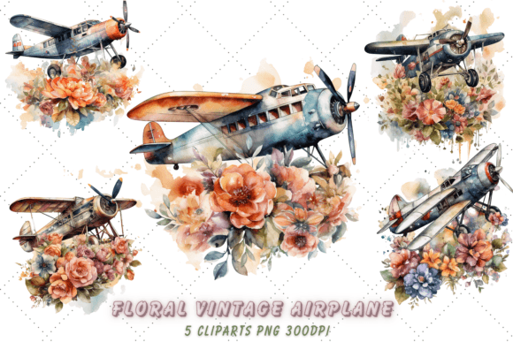 Download Floral Vintage Airplane Clipart Bundle - Clipart bundle Collection
